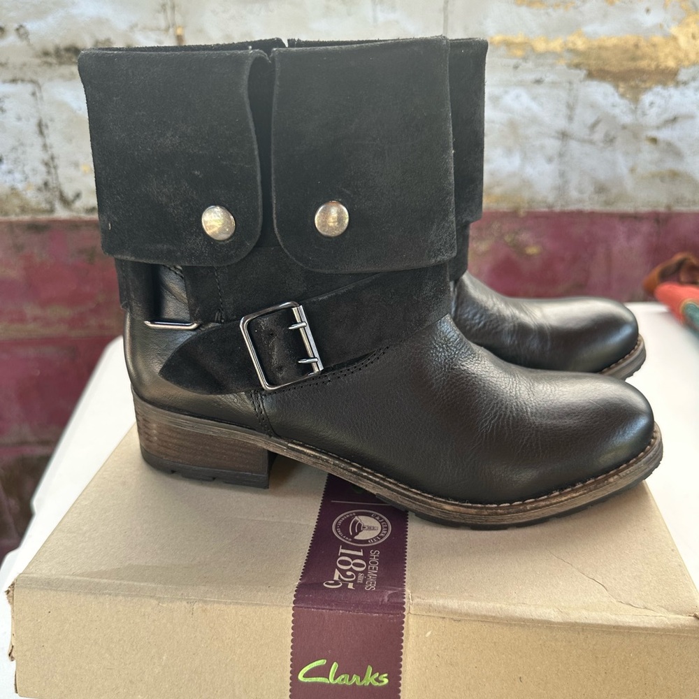 Clarks Black Combat Moto Boots with Buckle Detail